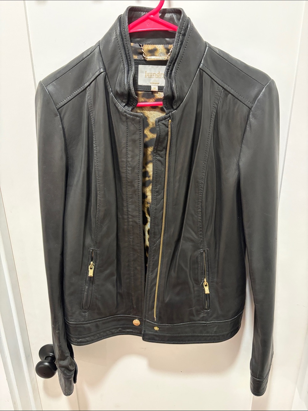 Laundry by Shelli Segal Black Leather Jacket with Leopard Lining